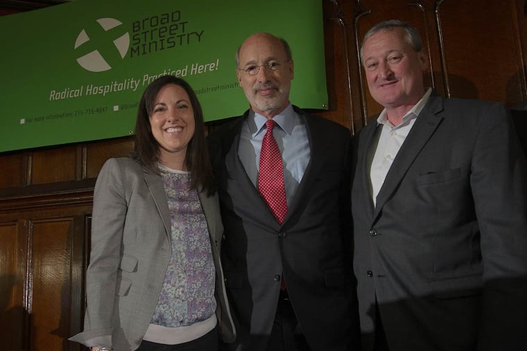 From left: Republican mayoral candidate Melissa Murray Bailey, Gov. Wolf and Democratic mayoral candidate Jim Kenney. (ALEJANDRO A. ALVAREZ / STAFF PHOTOGRAPHER)