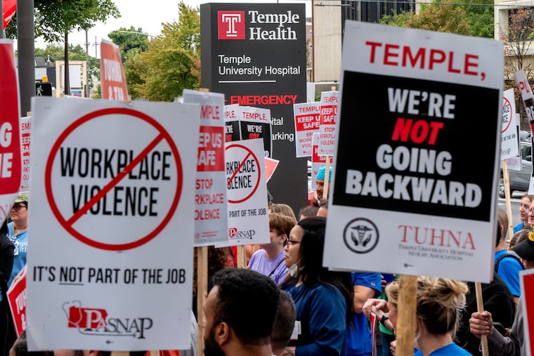 Temple University Hospital nurses have made safety measures a focus of negotiations for a new three-year contract. They held a picket and rally outside Temple's main hospital entrance Wednesday Sept. 10.