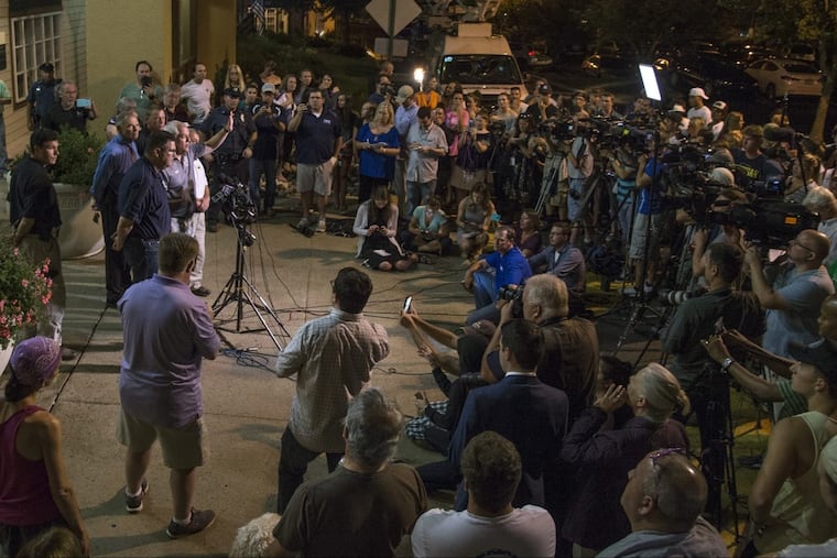 Bucks County DA Matthew Weintraub (gesturing) holds a midnight press conference July 13, 2017 to announce that human remains have been found on a Solebury farm belonging to the DiNardo family.