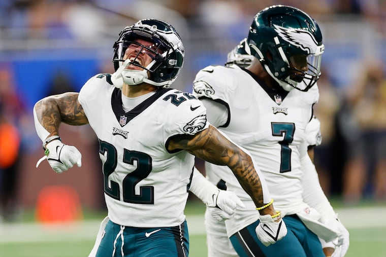 Eagles safety Marcus Epps yells after a stop against the Detroit Lions on Sunday. Will the Birds defense step up against the Vikings on Monday night?