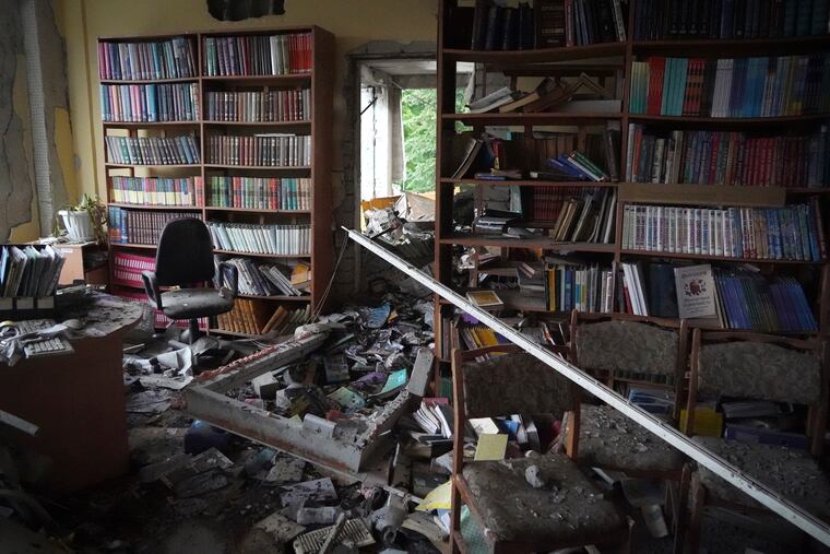Debris in a destroyed school library in Kharkiv, Ukraine, on June 2.