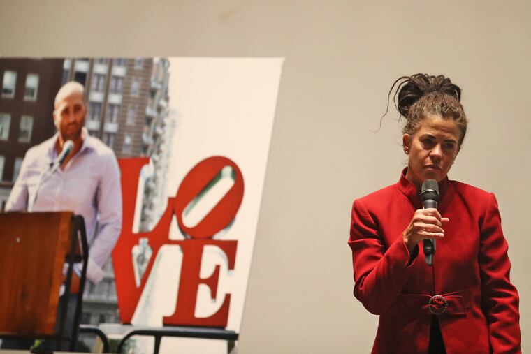 Mother Linda Schellenger speaks at a memorial featuring friends and family at a service for Sean Schellenger, killed in a stabbing near Rittenhouse Square, at Radnor High School July 17, 2017.