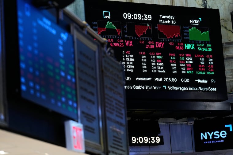 Screens display financial information on the floor at the New York Stock Exchange, Tuesday, March 10, 2026.