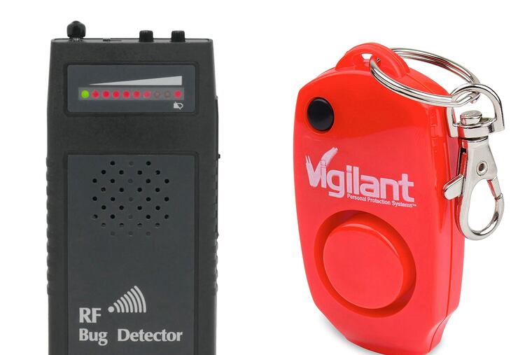 The T-9 Specialty Bug Detector (left) scans for devices with frequencies between 50 MHz and 6 GHz. Vigilant offers a variety of 130db personal alarms