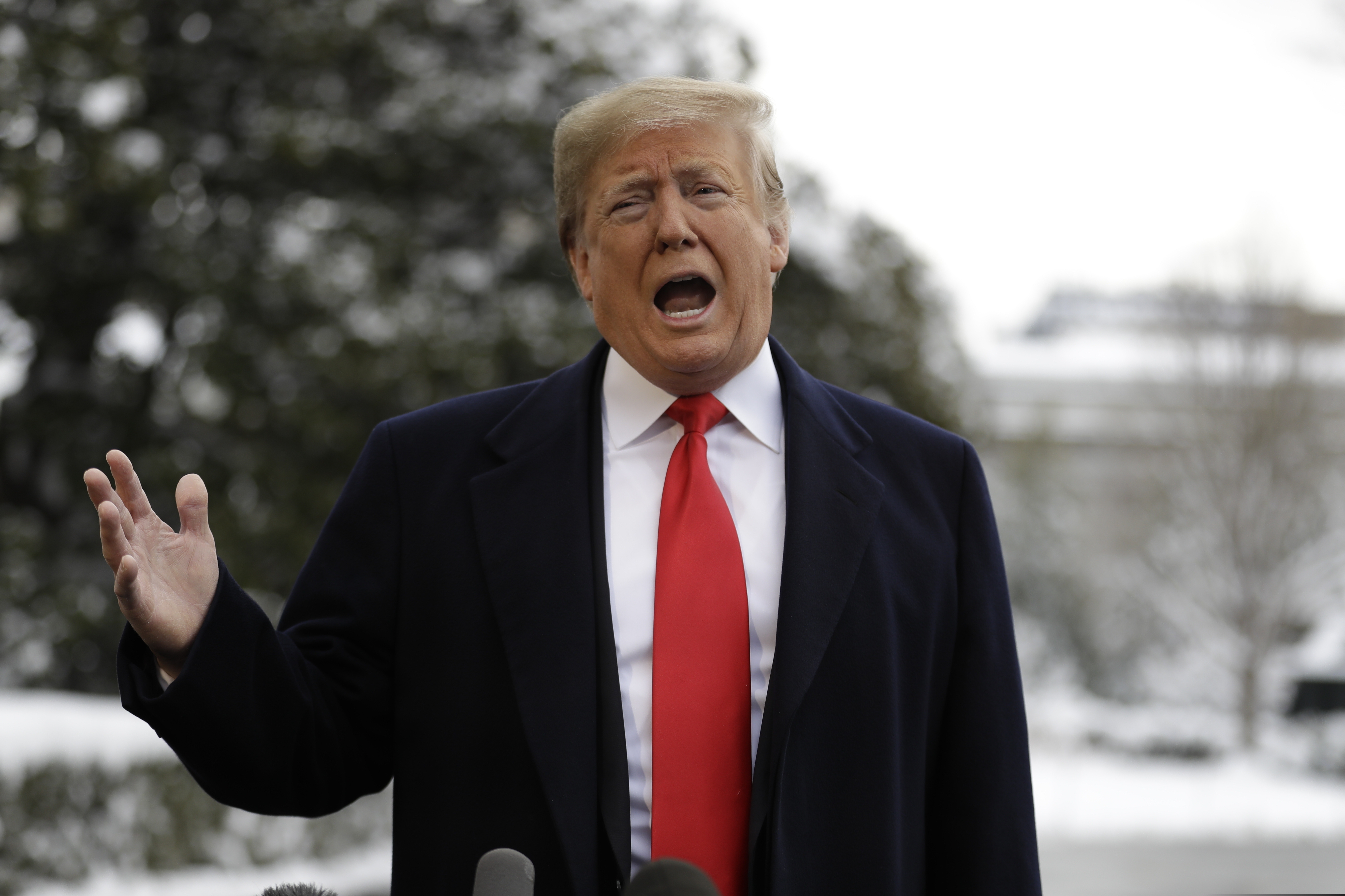 President Donald Trump talks with reporters on the South Lawn of the White House before departing for the American Farm Bureau Federation's 100th Annual Convention in New Orleans on Monday.