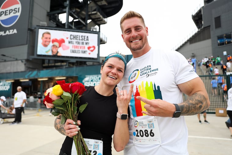 Chelsea Trewella and Andrew Sulkowski got engaged after the Eagles Autism Challenge 5K run on Saturday at Lincoln Financial Field.