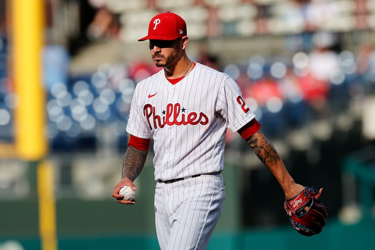 Phillies pitcher Vince Velasquez holds the baseball against the Atlanta Braves on Saturday, July 24, 2021 in Philadelphia.