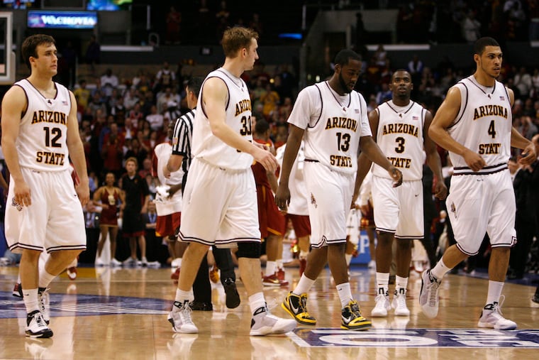 From left to right, Arizona State's Derek Glasser, Rihards Kuksiks, James Harden, Ty Abbott, and Jeff Pendergraph, walk off the court during a game in Los Angeles on Saturday, March 14, 2009.