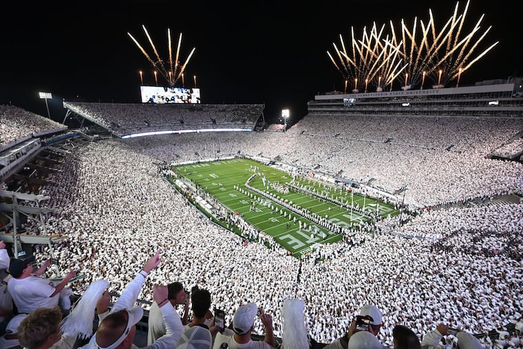 Penn State takes the field for an NCAA college football game against Oregon amidst a "whiteout" crowd at Beaver Stadium, Saturday, Sept. 27, 2025.