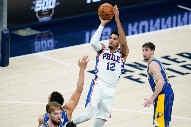 The 76ers' Tobias Harris puts up a shot during the second half against the Indiana Pacers.