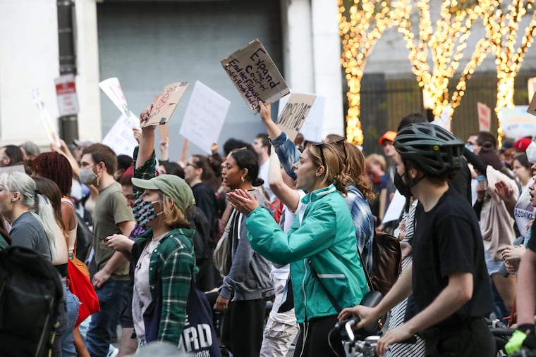 Protesters in support of abortion rights march from City Hall to the Federal Courthouse in Philadelphia on Tuesday, May 3, 2022. Protests took place in Philadelphia and the region after a leak revealed that the U.S. Supreme Court had drafted an opinion to overturn Roe v. Wade.
