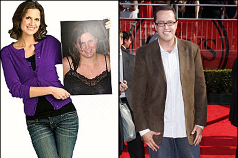 Christine Dougherty, left, seen in this promotional image from Taco Bell, claims to have lost 54 pounds in part by eating the chain's low-fat items. Jared Fogle, right, credits his 245-pound loss to eating at Subway. (AP Photo)