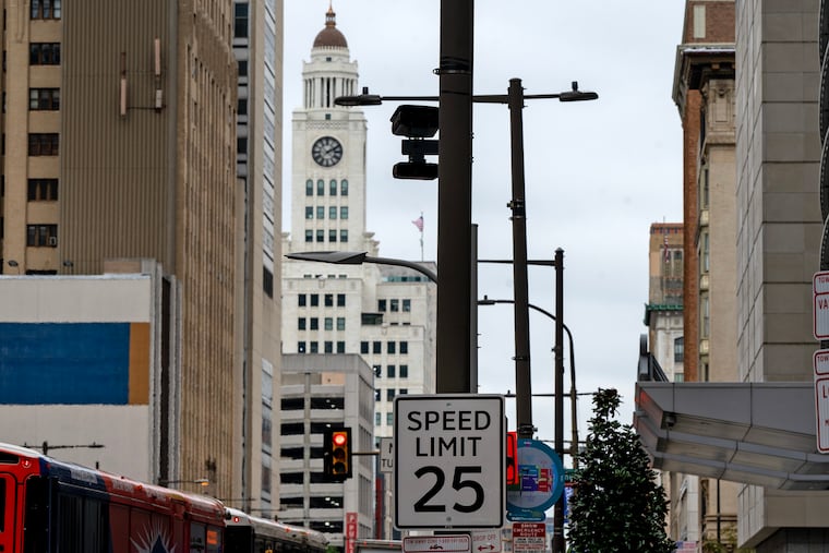 An automated speed camera mounted on North Broad Street at Arch Street.