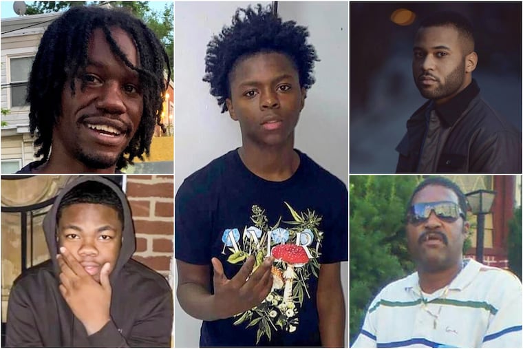 DaJuan Brown, 15, center, and (clockwise from upper left) Dymir Stanton, 29, Joseph Wamah, 31, Ralph Moralis, 59, and Lashyd Merritt, 21, died in the Kingsessing mass shooting that took place on July 3, 2023.