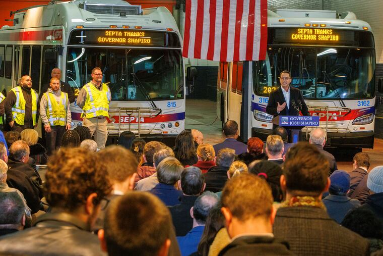 Gov. Josh Shapiro makes an announcement at Frankford Transportation Center on Nov. 22 about state money that helped keep workers on the job.