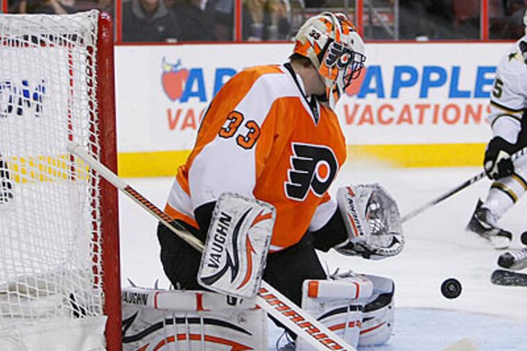 Brian Boucher (above) and Sergei Bobrovsky have split time in net for the Flyers this season. (Ron Cortes/Staff file photo)