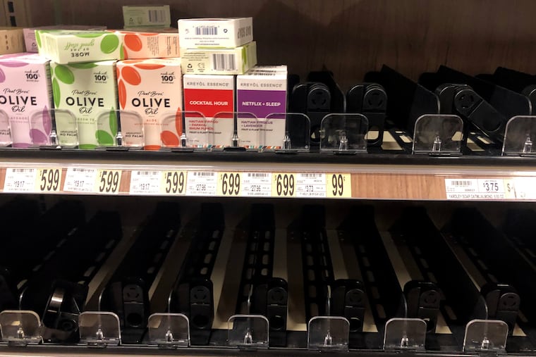 Olive oil hand soap was still available on shelves at the Wegmans in Cherry Hill on Saturday, photographed during an unscientific survey looking at the grocery products that even panic-buying shoppers didn’t seem to want.