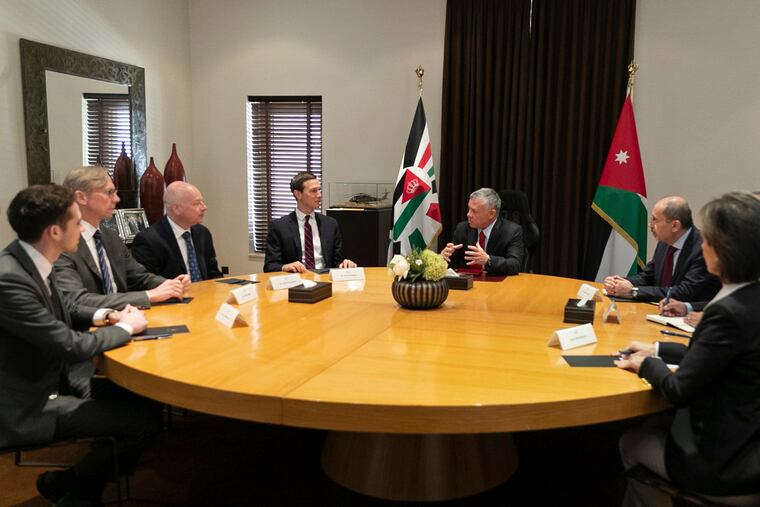 Presidential advisers Jared Kushner, center left, and Jason Greenblatt, third left, meet with Jordan's King Abdullah II, center right, and his advisers, in Amman, Jordan, Wednesday, May 29, 2019. Jordan stands by a two-state solution to the Israeli-Palestinian conflict, exposing a rift with the United States as the Trump administration tries to rally Arab support for a peace conference next month in Bahrain. (Chris Sétian/Jordanian Royal Court via AP)