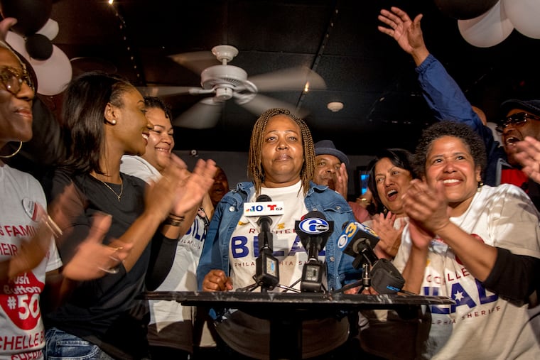 Rochelle Bilal is surrounded by supporters as she wins the Democratic primary for Philadelphia Sheriff on May 21, 2019.