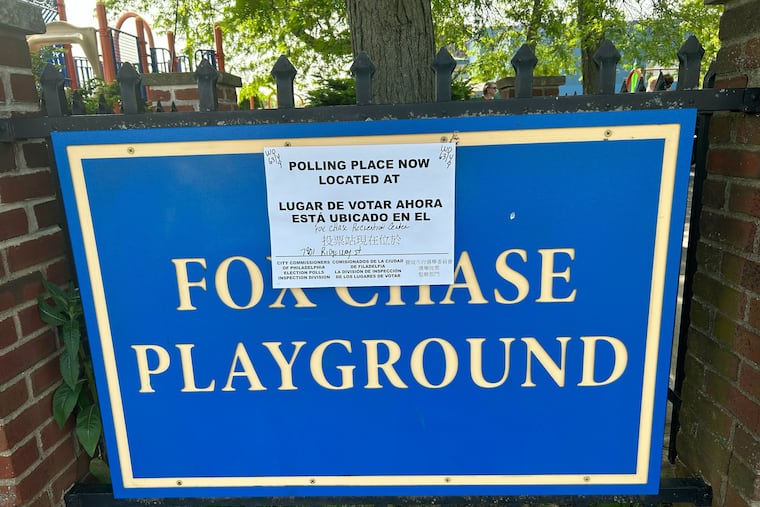 A sign at Fox Chase playground tells voters their polling places have moved for the primary election on Tuesday, May 16, 2023.