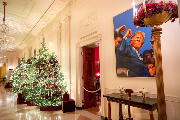 A portrait of Trump is seen alongside Christmas decorations during a White House tour.