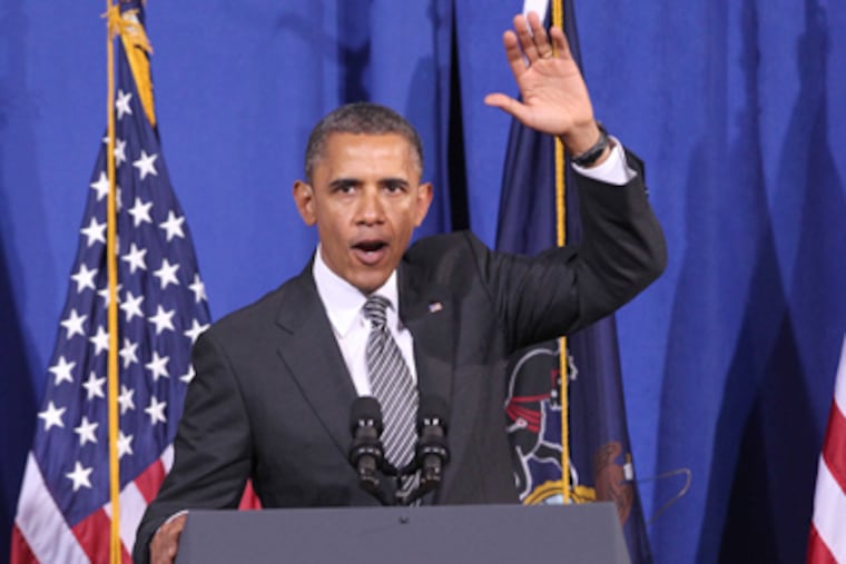 President Barack Obama delivers remarks at a fundraising reception at the Franklin Institute in Philadelphia, June 12, 2012. ( DAVID M WARREN / Staff Photographer )