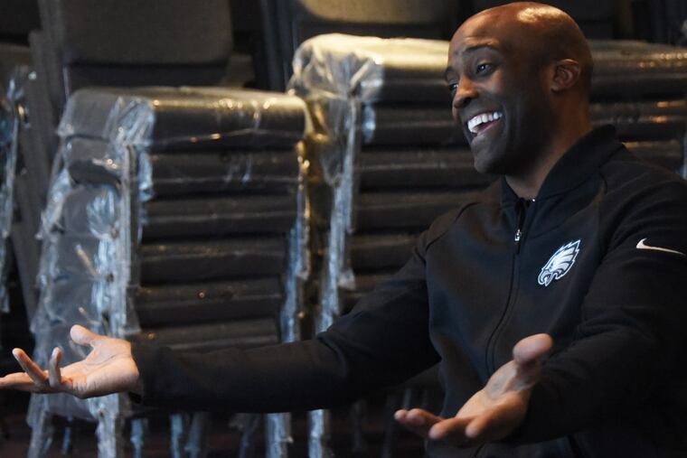 Eagles chaplain Ted Winsley chats about the team in the multi-purpose room of the Family Church, the pastor’s 400-member congregation in Voorhees, NJ.