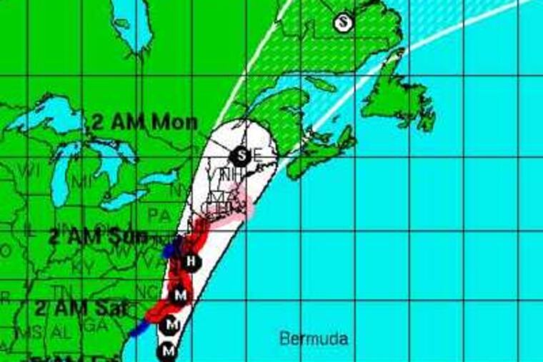 This graphic from the National Weather Service shows an approximate representation of coastal areas under a hurricane warning (red), hurricane watch (pink), tropical storm warning (blue) and tropical storm watch (yellow). The orange circle indicates the current position of the center of the tropical cyclone.