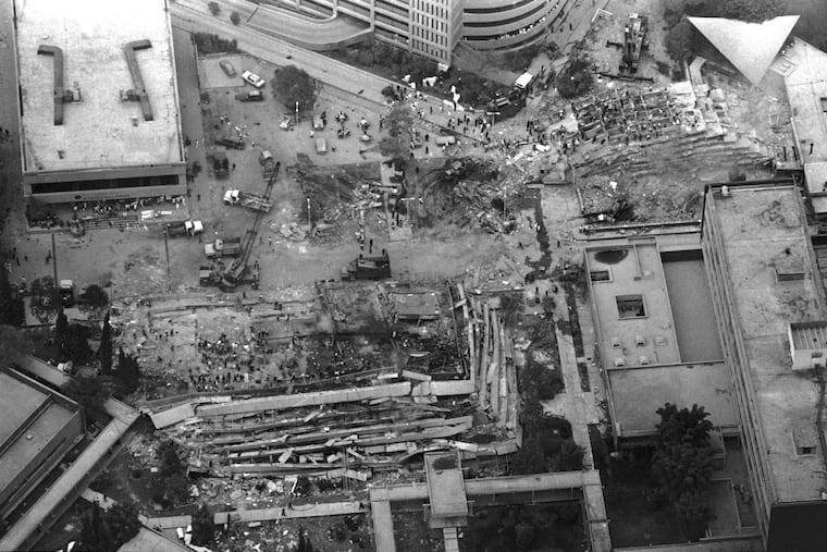 This aerial view of downtown Mexico City shows destroyed buildings and rubble in the streets after the devastating earthquake of Sept. 19, 1985.