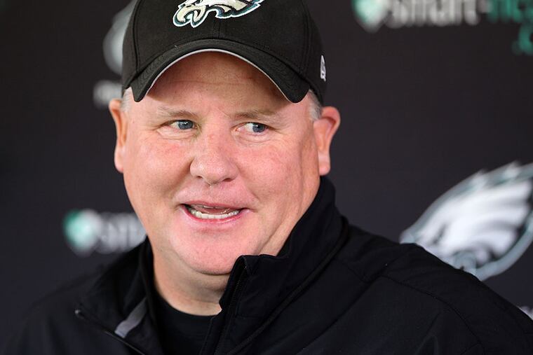 Chip Kelly , the Eagles' head coach, talking to reporters. DAVID MAIALETTI / Staff Photographer