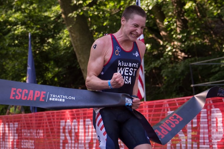 Jason West, 24, of Quakertown wins the Philadelphia Escape Triathlon in Fairmount Park.