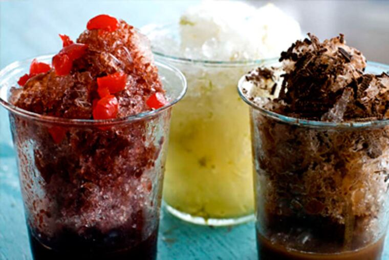 A toothsome threesome: (from left) Cherry cola, coconut-lime, and mocha shaved ice. Shaving results in a finely textured ice that absorbs whatever syrup is added.