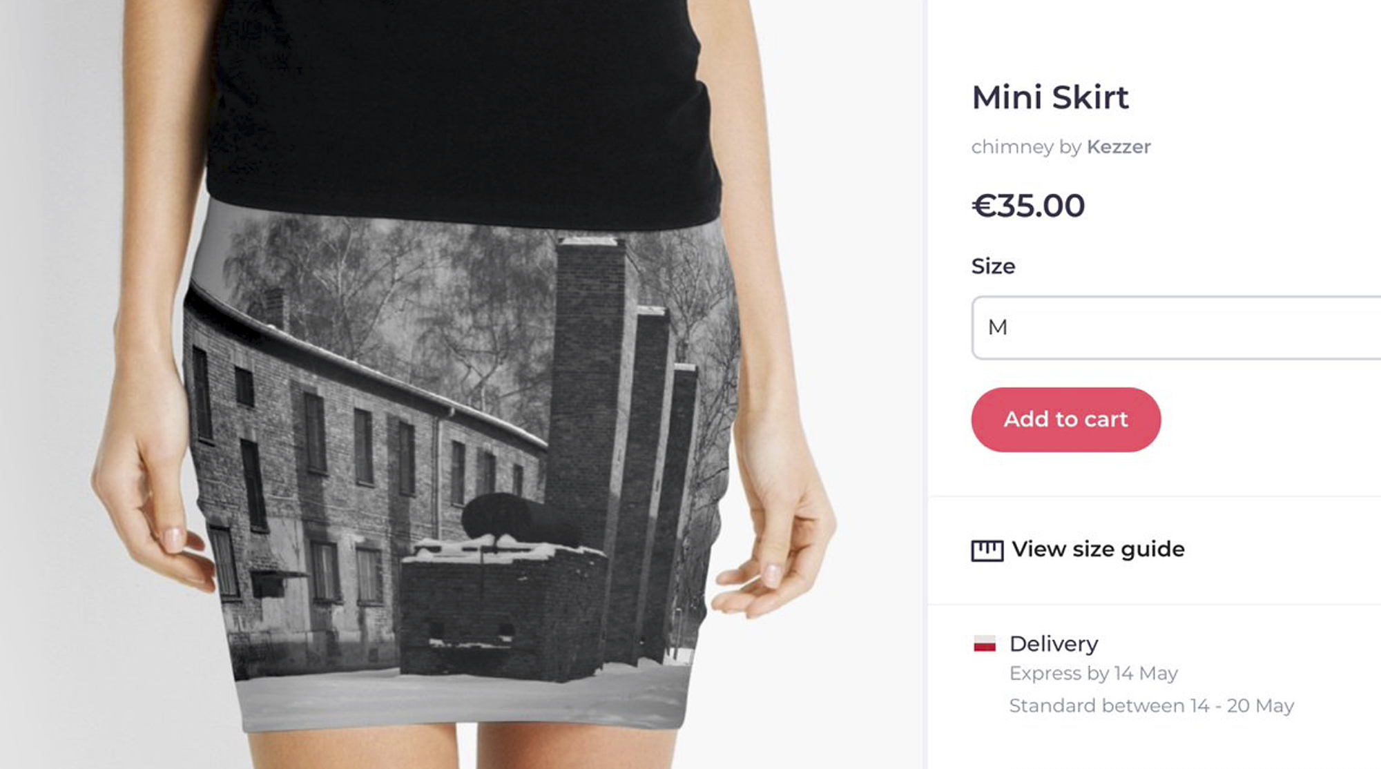 A screen grab made Wednesday May 8, 2019 from the site of an online vendor showing an Auschwitz themed product for sale. Museum authorities at the Auschwitz-Birkenau former Nazi German death camp in Poland have protested to an online vendor that was selling miniskirts, pillows and other items bearing photos of the camp, where some 1.1 million people were killed during World War II. (Photo via AP)