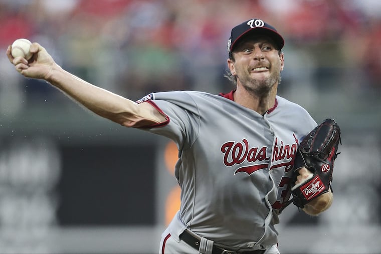 Nationals pitcher Max Scherzer lasted only five innings, allowing three runs, on Tuesday night against the Phillies.