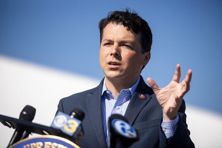 U.S. Rep. Brendan Boyle speaking at a Philadelphia press conference in April.