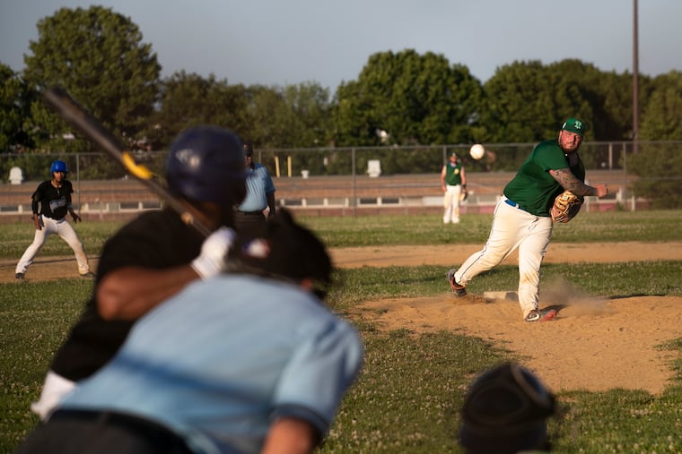 Robert Walmsley pitching for the Athletics during a Fairmount Park League game against the Phantoms at Northeast High School last month.
