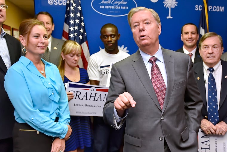 Sen. Lindsey Graham (R., S.C.), accompanied by his sister Darline (left), speaks at the GOP headquarters in Columbia, S.C., Sept. 1, 2015. Graham died Saturday, and Monday the state's governor named Nordone to serve the rest of his term.