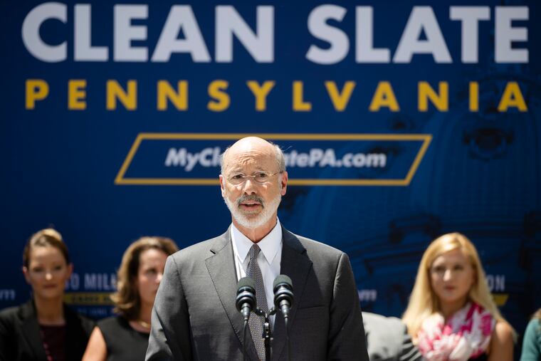 Pennsylvania Gov. Tom Wolf speaks during a news conference in Harrisburg, Pa., Friday, June 28, 2019. Lower-level criminal convictions are starting to be automatically sealed under a year-old Pennsylvania state law touted as a way to give offenders a fresh start. State officials and other supporters touted the new phase of the "clean slate" legislation Friday in Harrisburg, calling the program a model for other states.