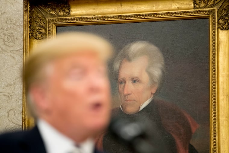 A painting of former President Andrew Jackson is visible behind President Donald Trump as he speaks during a swearing in ceremony for Robert Wilkie as Secretary of the Department of Veterans Affairs in the Oval Office of the White House, July 30, 2018, in Washington.