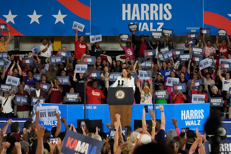 Democratic presidential nominee Vice President Kamala Harris speaks at a campaign rally Wednesday, Aug. 7, 2024, in Romulus, Mich.