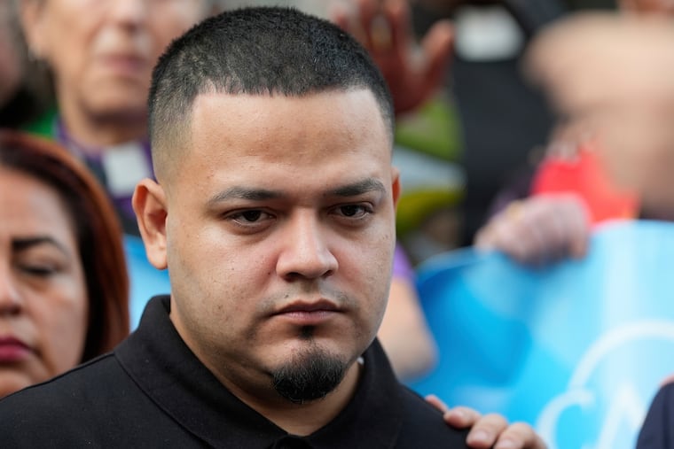 Kilmar Abrego Garcia joins supporters in a protest rally outside the Immigration and Customs Enforcement field office in Baltimore in this file photo.