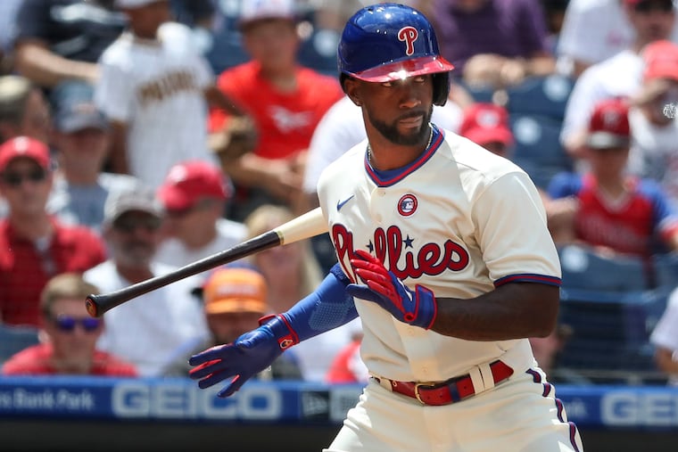 Philadelphia Phillies left fielder Andrew McCutchen (22) walks during the third inning of the Philadelphia Phillies game against the San Diego Padres at Citizens Bank Park in Philadelphia, Pa. on Sunday, July 4, 2021.