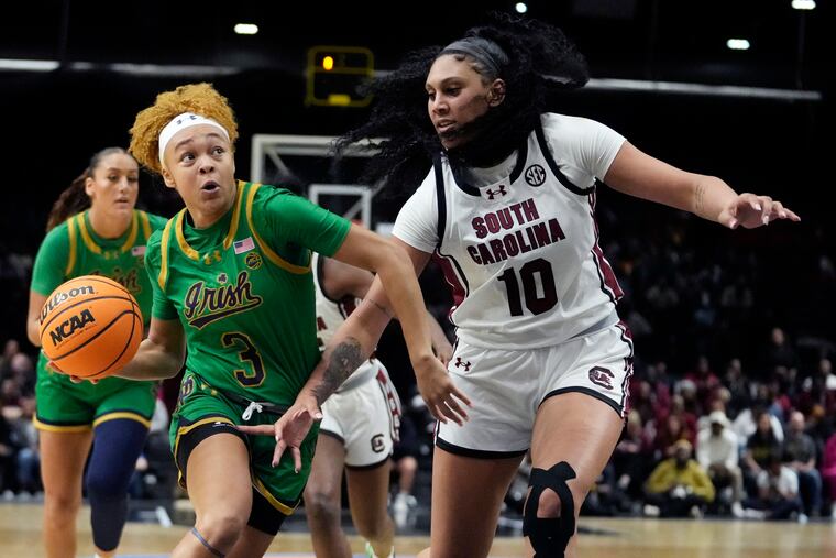 Notre Dame guard Hannah Hidalgo drives to the basket as South Carolina center Kamilla Cardoso defends during both teams' season opener on Nov. 6 in Paris.