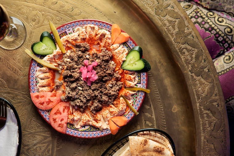 The Casablanca Hummus is topped with pine nuts and ground beef at Casablanca Mediterranean Grill on Tuesday, Feb. 17, 2026 in Philadelphia.
