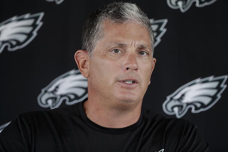 Philadelphia Eagles Defensive Coordinator Jim Schwartz speaks with members of the media during an NFL football training camp in Philadelphia, Tuesday, July 25, 2017.