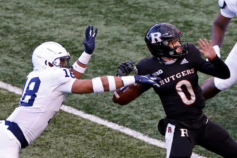 Rutgers quarterback Noah Vedral (0) has the ball stripped by Penn State defensive end Shaka Toney during the second half last Saturday. Penn St. won 23-7.