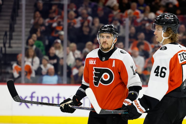 Flyers right wing Travis Konecny (left) hasn't quite hit his stride yet this season offensively.