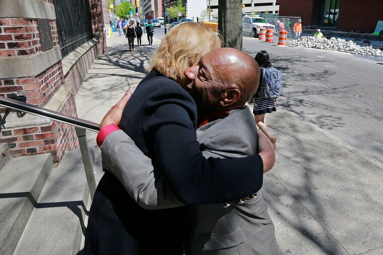 Thurmond Berry greets Kathleen Brown at the University of Penn's law school, who helped him get out of prison, Wednesday April 20, 2016.