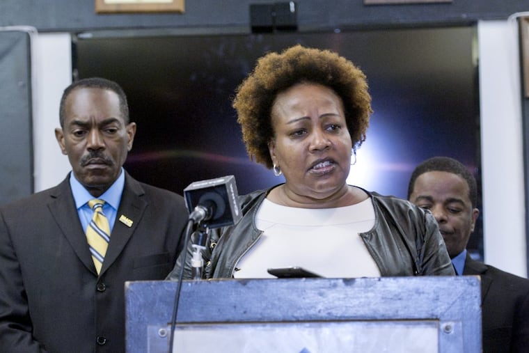 September 6, 2017 — Rochelle Bilal, Pres. of the Guardian Civic League, speaks in regard to display of the Confederate flag insignia at the Philadelphia Police narcotics unit by a white police corporal and racial discrimination by commanding officers, during a press conference at the Guardian Civic League, the Philadelphia branch of the National Black Police Association in North Philadelphia.