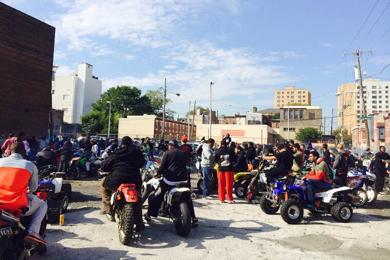NPCRELL22C
Riders gather outside Tindley Temple United Methodist Church on Broad Street Tuesday to honor fellow rider Kyrell Tyler, 23, who was shot and killed in Southwest Philadelphia on Oct. 14. Jason Nark / DAILY NEWS STAFF